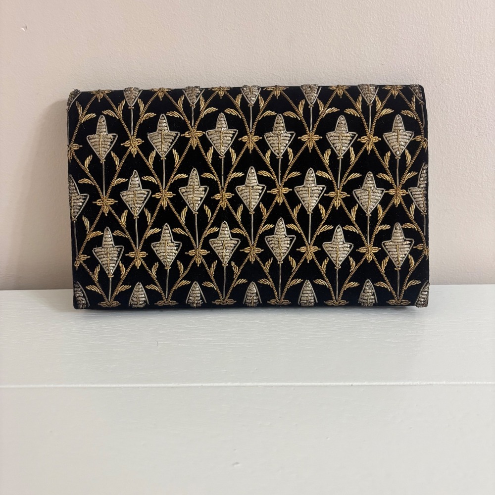 Vintage 1950s ICU New Delhi Velvet Clutch Bag Zardozi Gold Bullion Embroidered